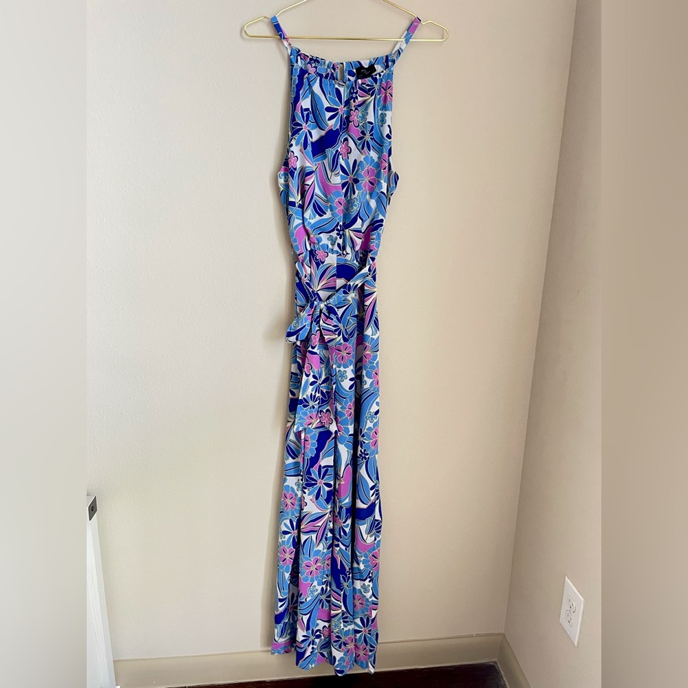 Milk & Honey Blue Retro Floral Wide Leg Jumpsuit
